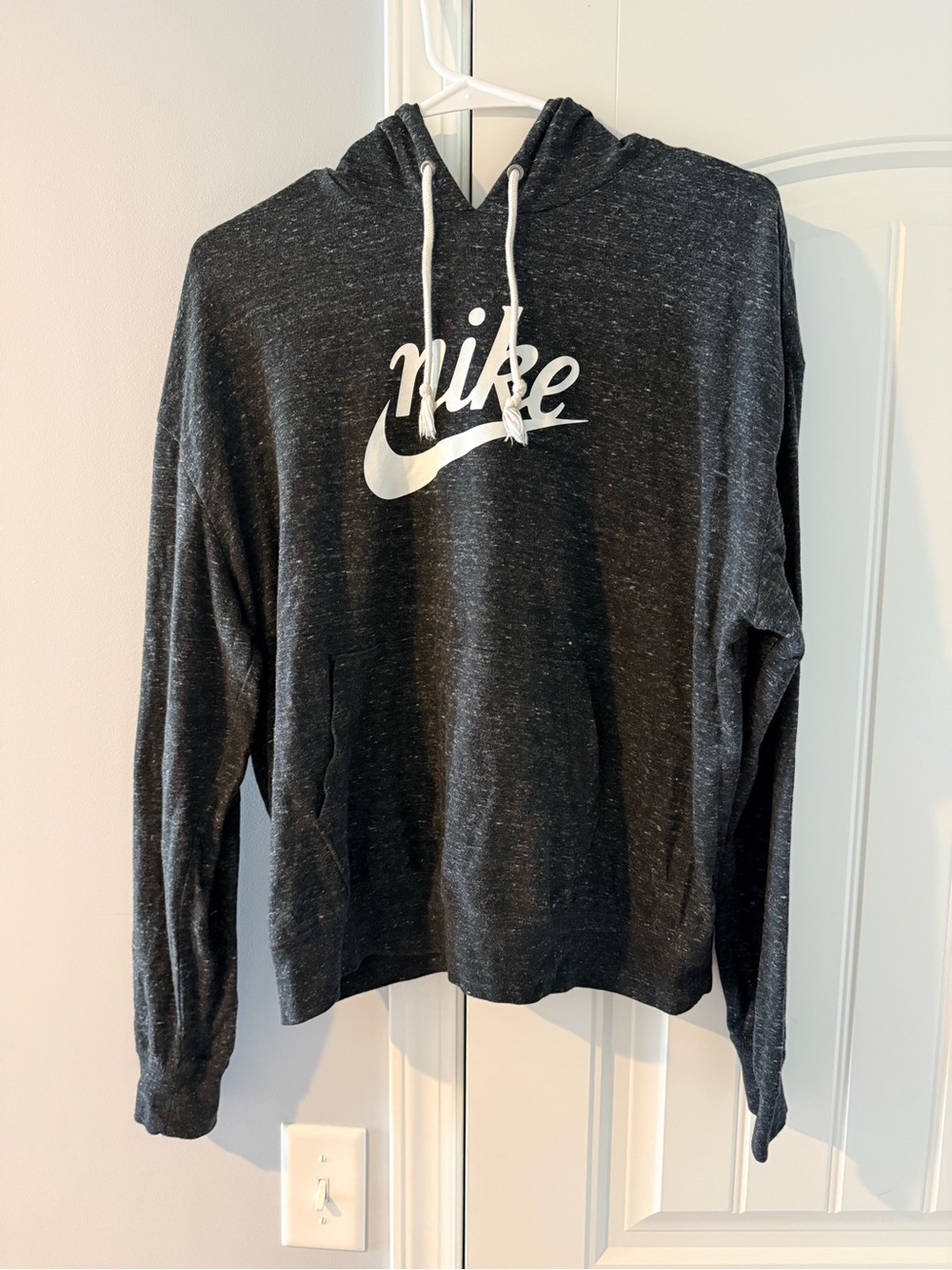 Nike Dark Heather Gray Kids Pullover Hoodie with White Swoosh